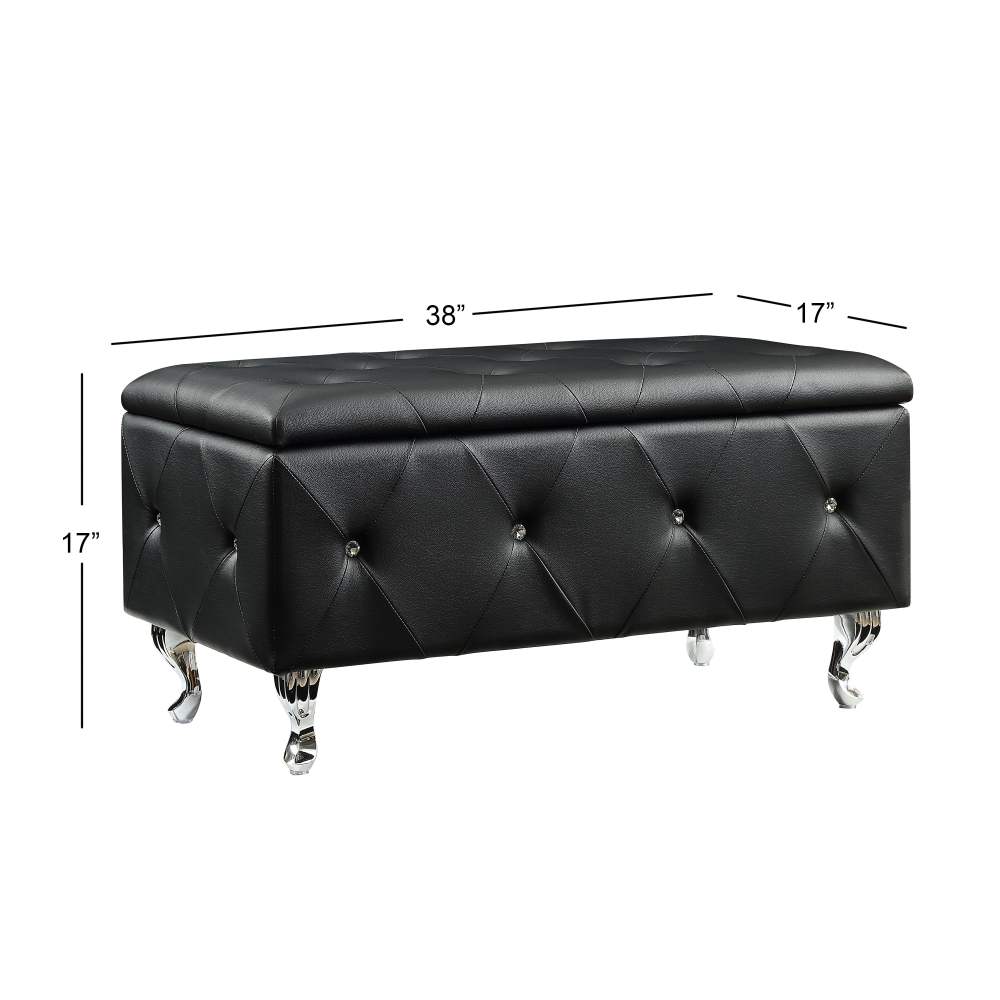 AC Pacific Crystal Tufted Faux Leather Storage Bench,Black - Image 8