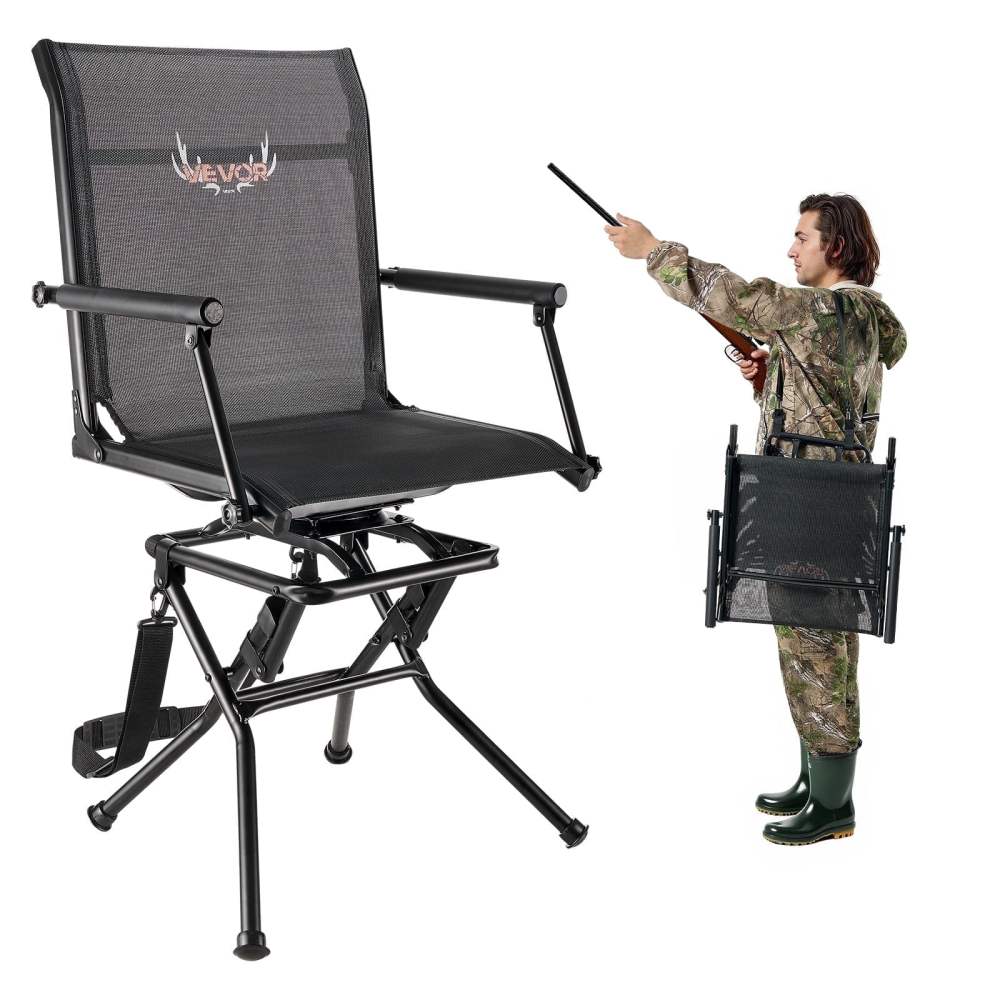 VEVOR Hunting Chair, 360'Silent Swivel, Foldable Lightweight Portable Blind Chair, Heavy-Duty Steel Frame Ground Stool Seat, with Armrest, Adjustable Carry Strap, 300 Lbs Capacity for Fishing Campin