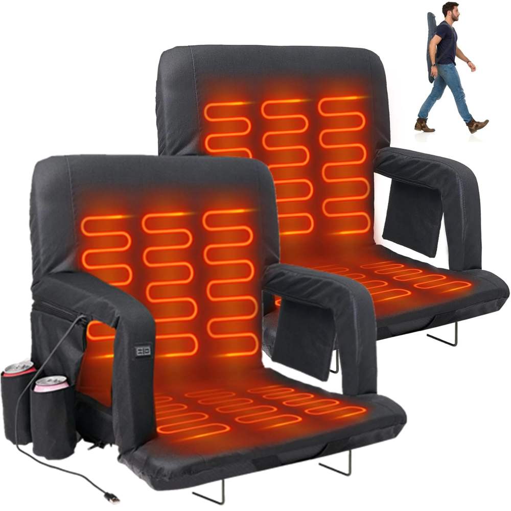 ABORON 21 Inch Wide Heated Bleacher Seats with Back and Cushion, Portable Stadium Seat Chair for Outdoor Sport Events, Heated Stadium Seat for Bleachers Set of 2, USB 3 Level Heating, Max UP 125