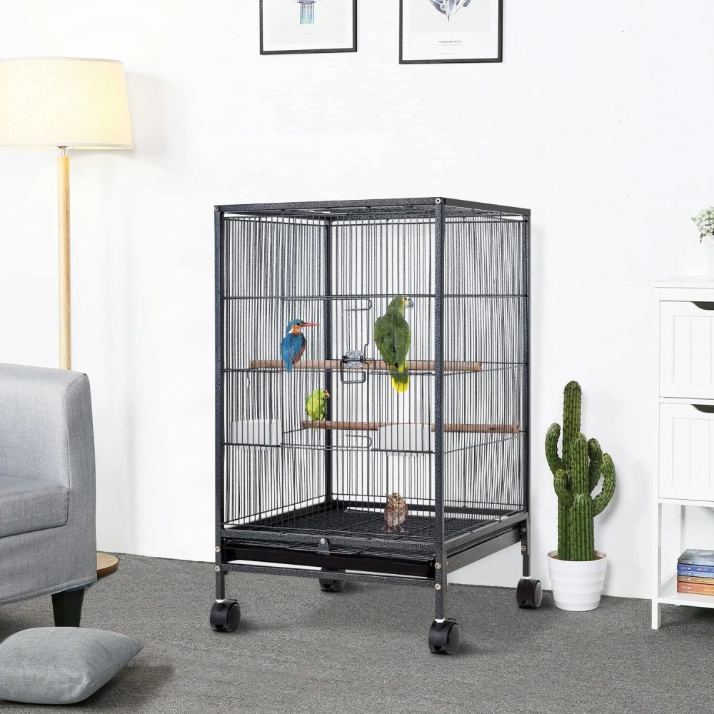 CL.HPAHKL 35 inch Bird Cage with Rolling Stand,  Metal Birdcage Parakeet Cage for Parakeets Cockatiel Canary Finch Lovebird Parrotlet Pigeons,  Black