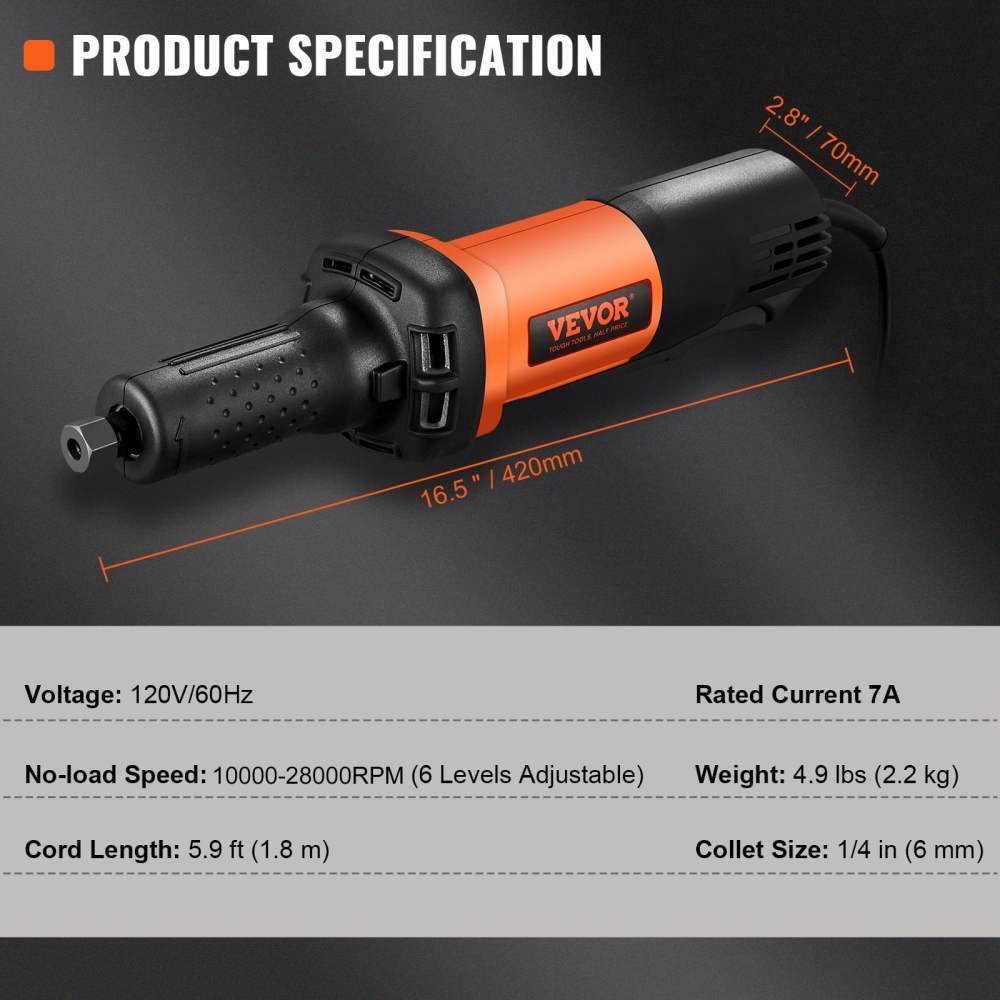 VEVOR Die Grinder,1/4" Collet Variable Speed (7000-30000RPM),Heavy Duty Electric,Ergonomic Grip for Rust Removal,Grinding,Cutting,Polishing,Welding Repair - Image 2