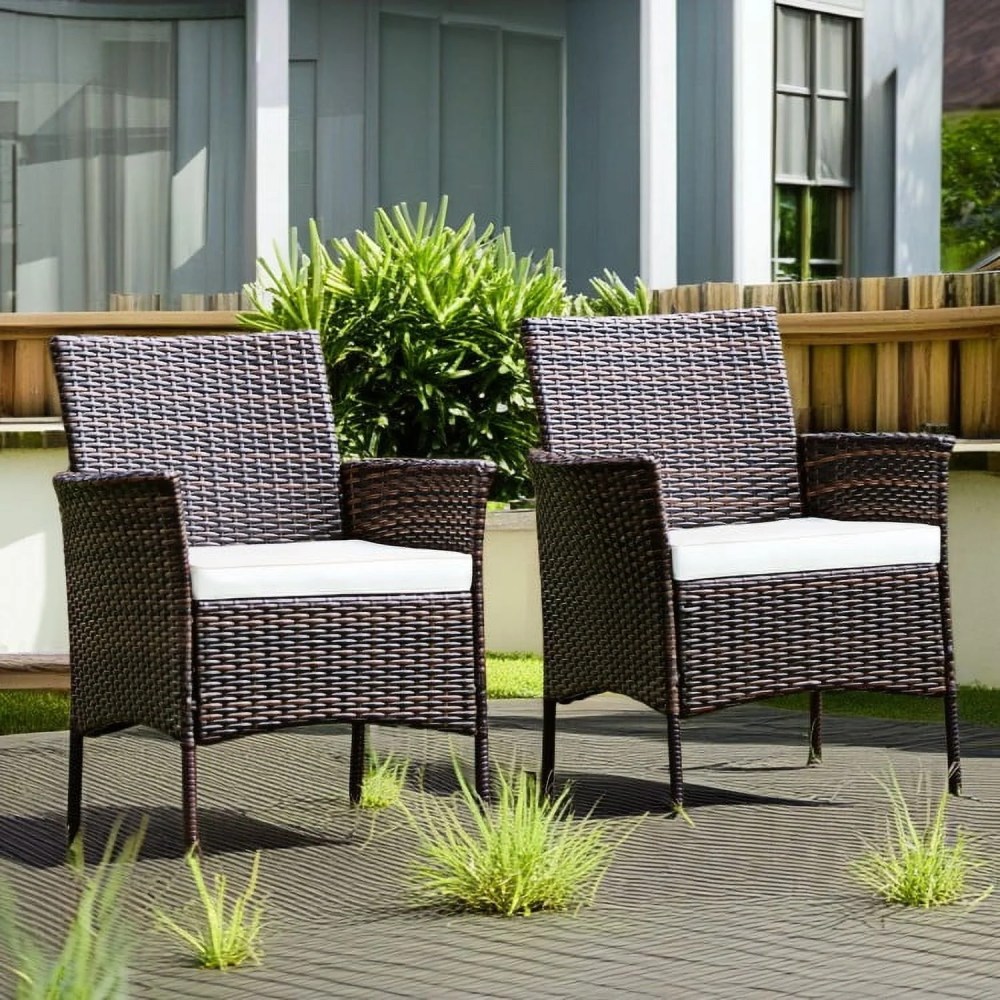 Veryke Set of 2 Outdoor Poly Wicker Rattan Stackable Cushioned Dining Chairs for Patio Furniture - White