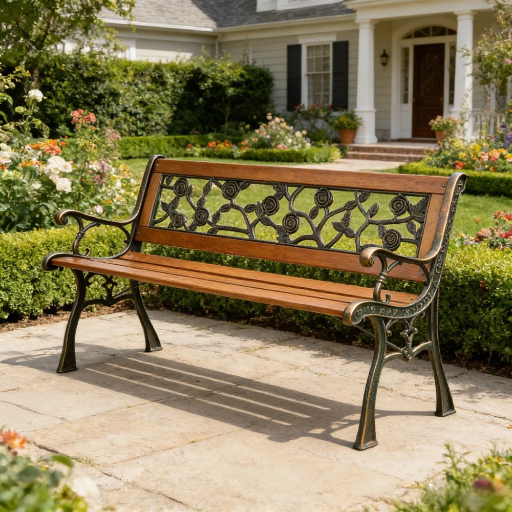 Ktaxon 49" Patio Furniture Rose Style Park Hardwood Bench Bronze,Wooden Bench,Outdoor Bench for Garden,Entrance,Lawn,Park