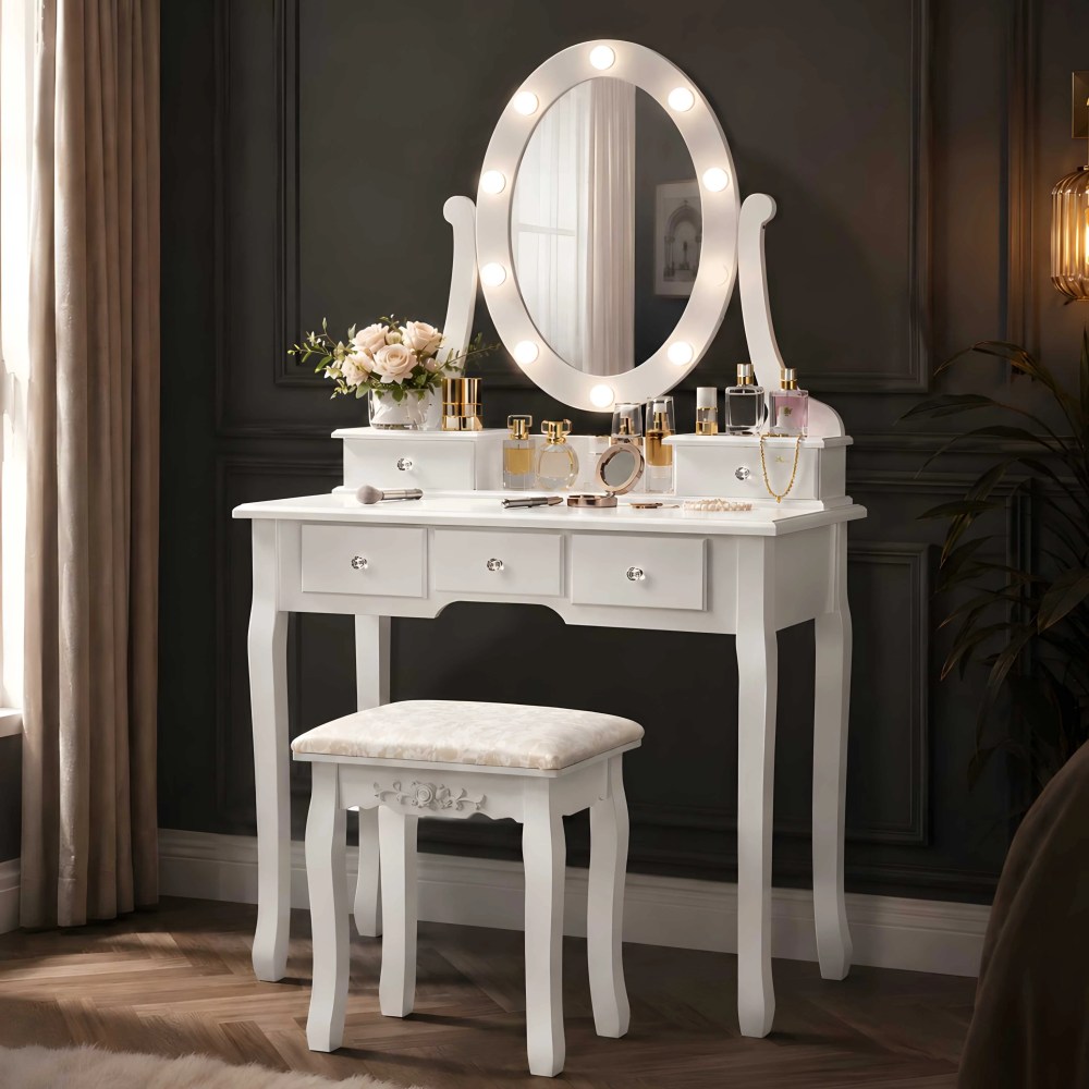 Ktaxon Vanity Table 10 LED Lights,5 Drawers Makeup Dressing Desk with Cushioned Stool Set, Bedroom Vanities Set White - Image 4