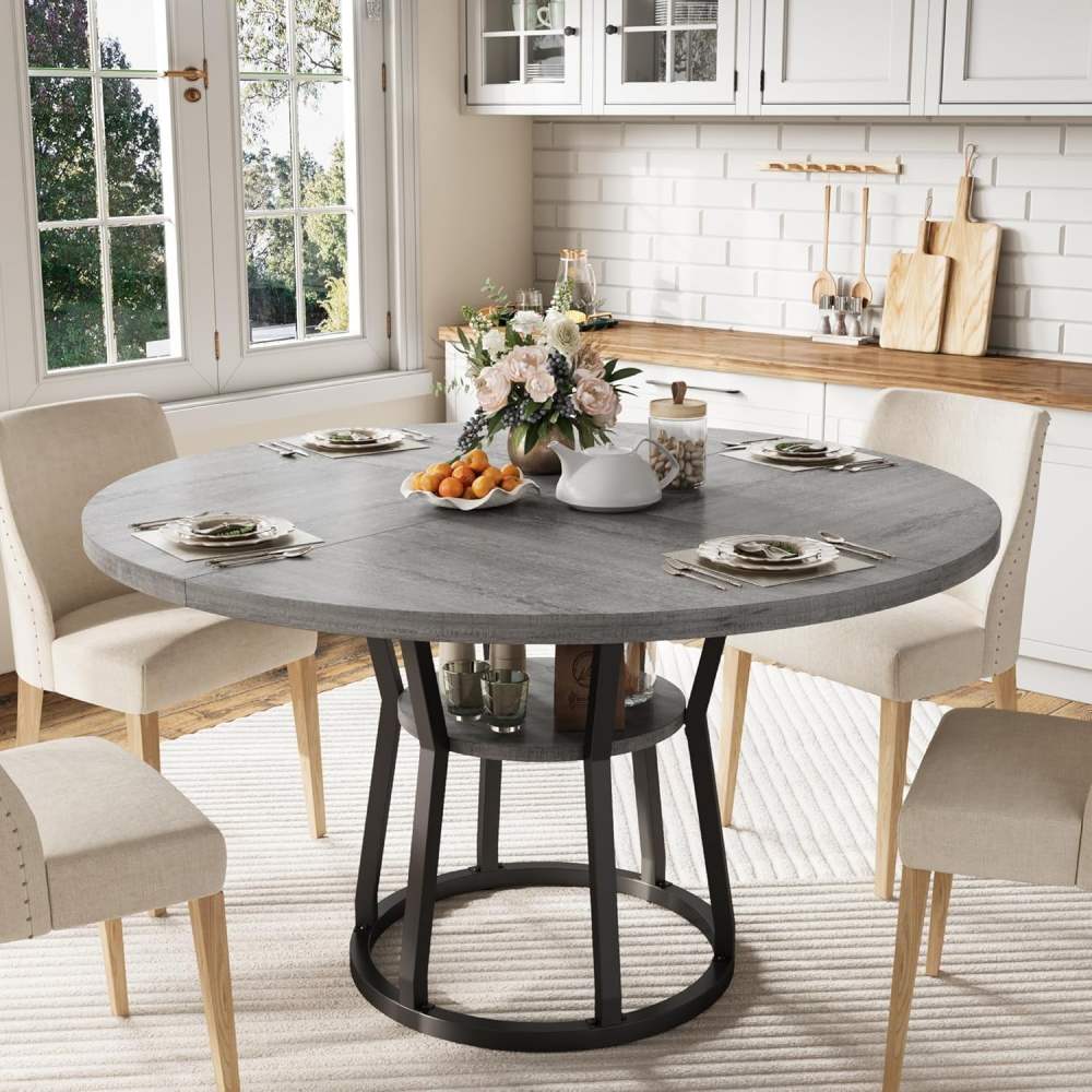 JoanKaren 47.2" Farmhouse Round Dining Table, Space Saving Wood Kitchen & Dining Room Circle Table Furniture with Storage and Metal Legs, Grey