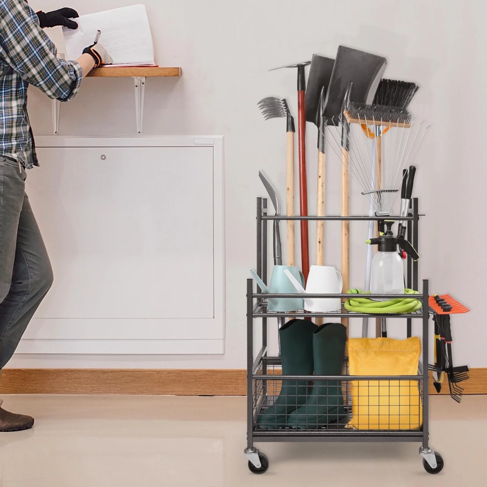 KFFKFF Garden Tool Storage Rack with Wheels Garage Organizer 16 Slots with Hooks