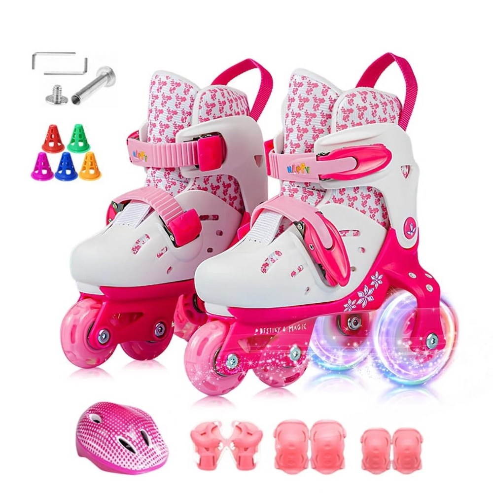 YYW 4-Size-Adjustable Roller Skates with Light Up Wheels, for Girls Boys Kids Toddler(Pink, S)