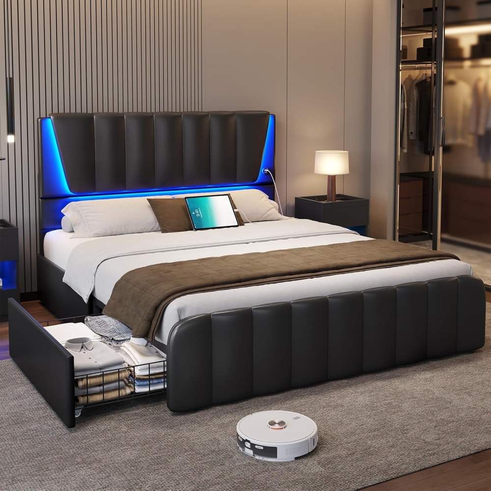 AOGLLATI Queen Bed Frame with Headboard and 4 Storage Drawers Platform Bed Frame with Led Light & 2 USB Ports No Box Spring Needed