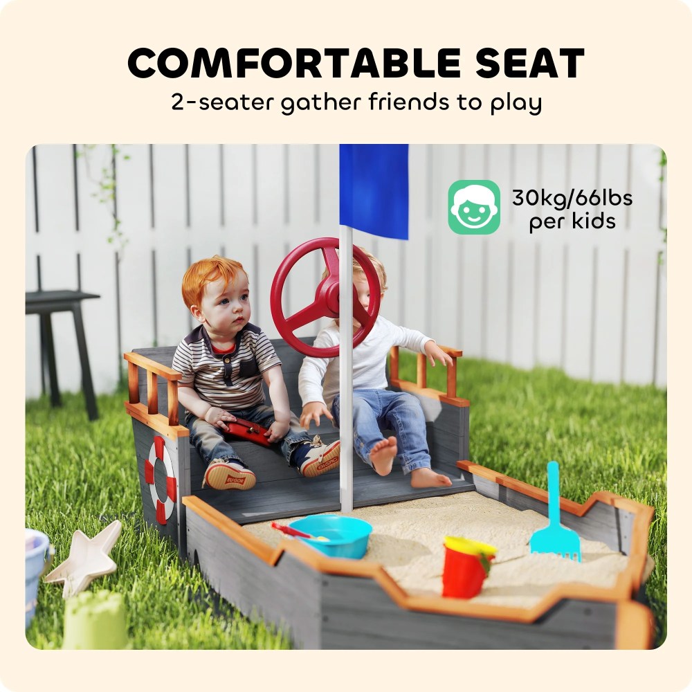 Outsunny Wooden Kids Pirate Sandbox, Outdoor Sandboat with Bench Seats, Storage, Non-Woven Fabric Cloth for Backyard, Lawn, Gray - Image 8