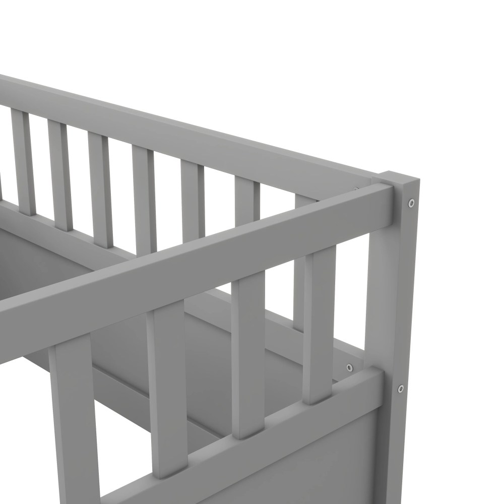 Euroco Twin Wood Floor Bed with Fence and Door, Low Wood Bed for Toddle Kids Teens, Gray - Image 3