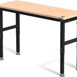 WORKPRO 60" Adjustable Workbench,Rubber Wood Top Heavy-Duty Workstation,2000 LBS Load Capacity Hardwood Worktable with Power Outlets,for Workshop,Garage.