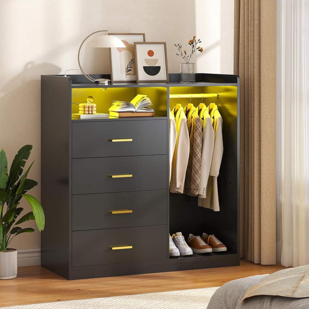 Meteorleg Dresser with Clothes Rack, 4 Drawers Dresser with Charging Station & LED Lights, Modern LED Chests of Drawers for bedroom Living Room, Black