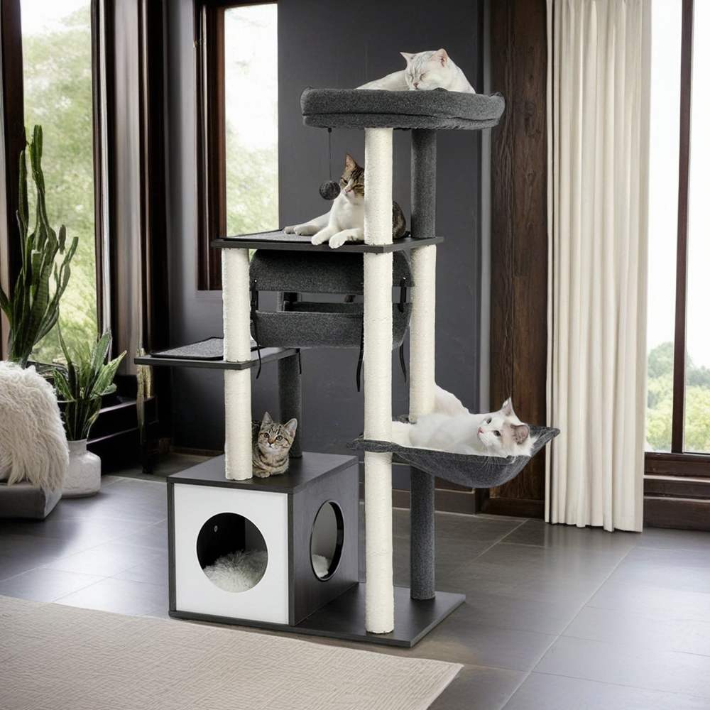Demi Bonn 51.4" 6 Levels Cat Tree Wooden Cat Tower Cozy Cat Condo,  Spacious Perch,  Hammock and Swing Tunnel for Indoor Cats,  Gray