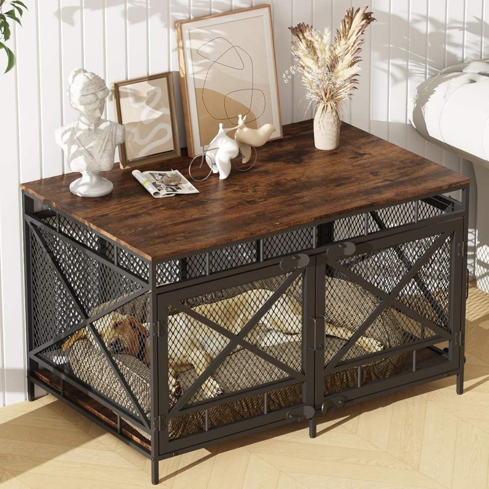 Dog Crate Furniture,  Dog Kennel for Small Medium Large Breed,  Heavy Duty 43" Large Corner Dog Crate,  Indoor Pet Cage with Side Door (Retro Brown)