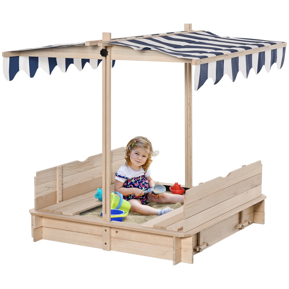Outsunny Covered Sandbox with Lid & Adjustable Canopy for Kids, Wooden - Image 4