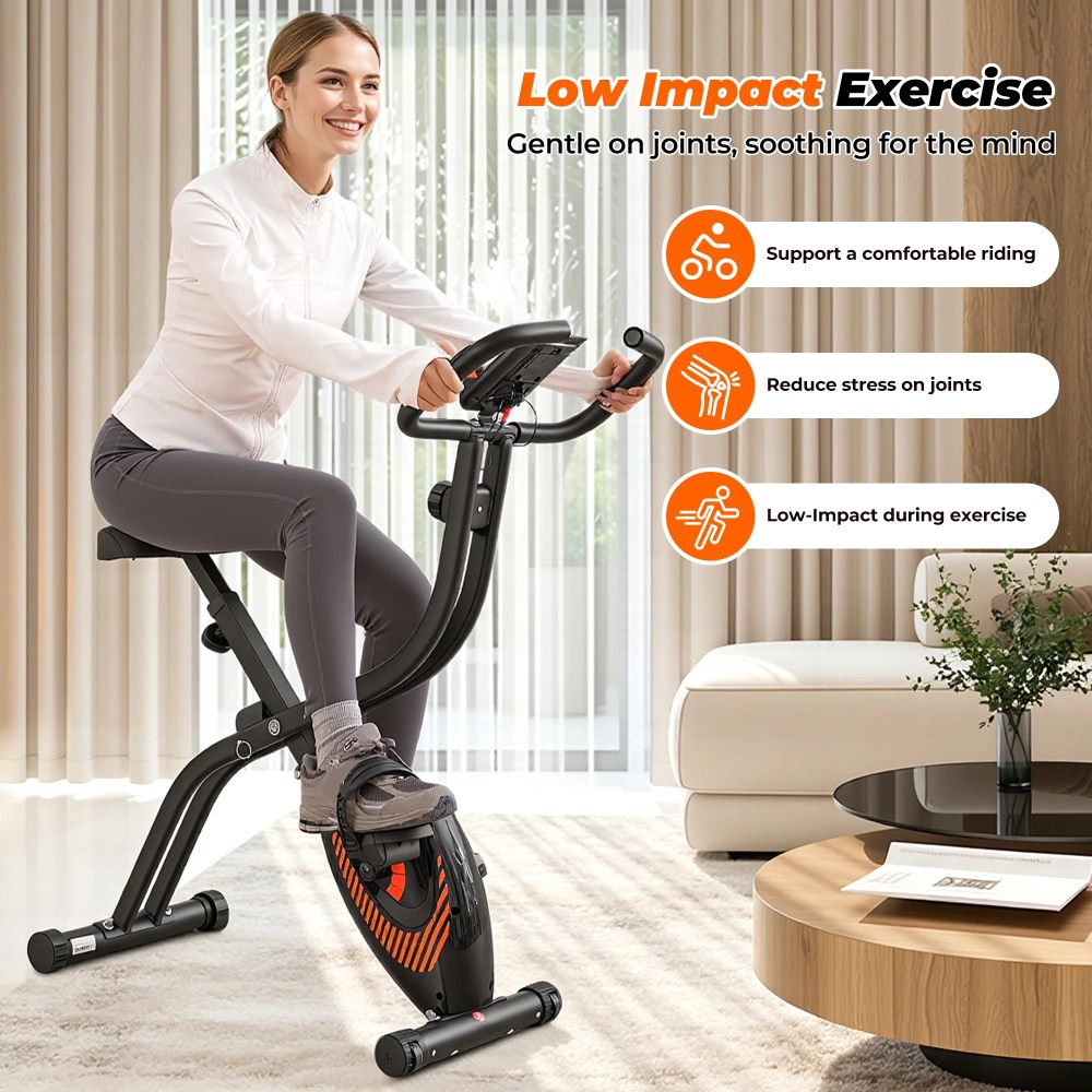 Naipo Exercise Bike Indoor 16 Level Magnetic Resistance Folding Stationary Bike with 265lbs Capacity Adjustable Seat Height Orange Color for Space Saving Home Use - Image 2