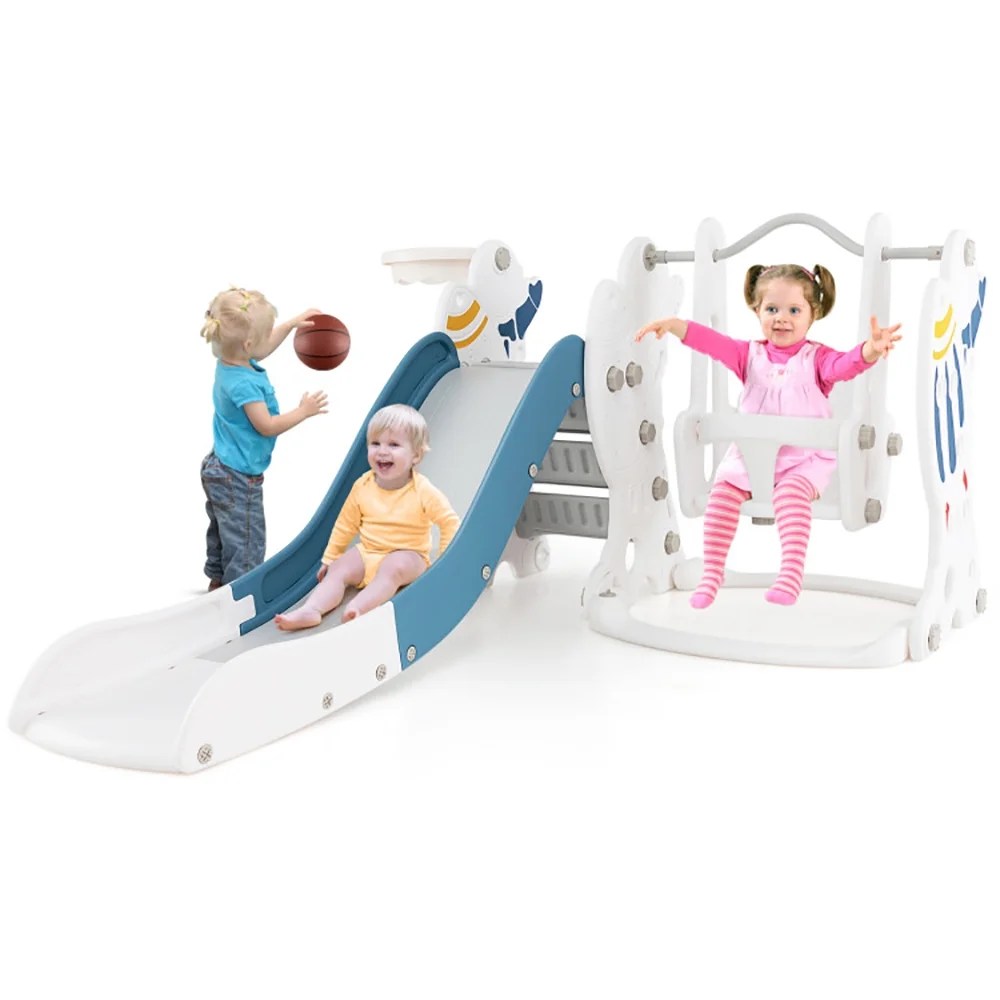 Barara King Indoor Toddlers Slide Playset, Kids Climbers Playground, 4-in-1 Kids Slide and Swing Set with Basketball Hoop-Blue