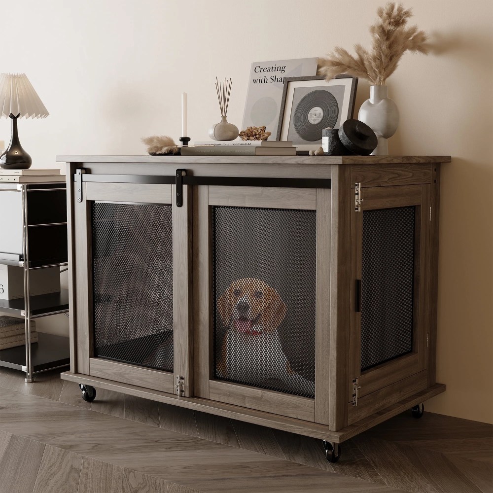 Coewske 40" Wooden Indoor Dog Kennel Furniture with Sliding Doors & Wheels-Stylish Large Pet House for Dogs