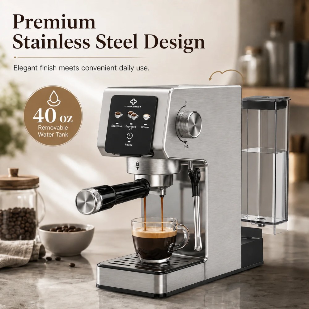 LINKChef 20-Bar Espresso Machine with Automatic Steam Wand,1300W Professional Espresso Maker,40 oz Removable Water Tank,Single & Double Shot - Image 2
