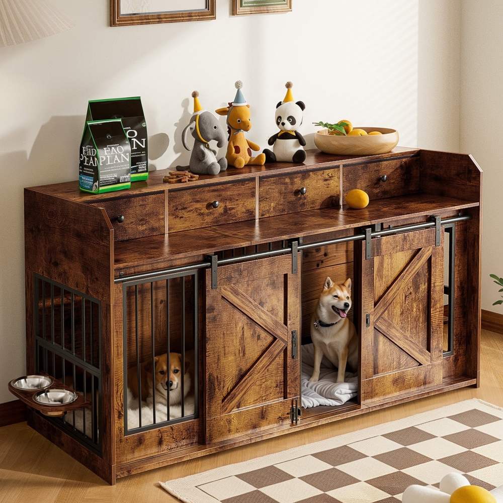 Advwin 63" Wooden Double Dog Crate Furniture with Drawers,  Divider,  Sliding Doors and Dual Feeding Stations,  TV Stand Dog Kennel for 2 Small/Medium Dogs,  Rustic Brown