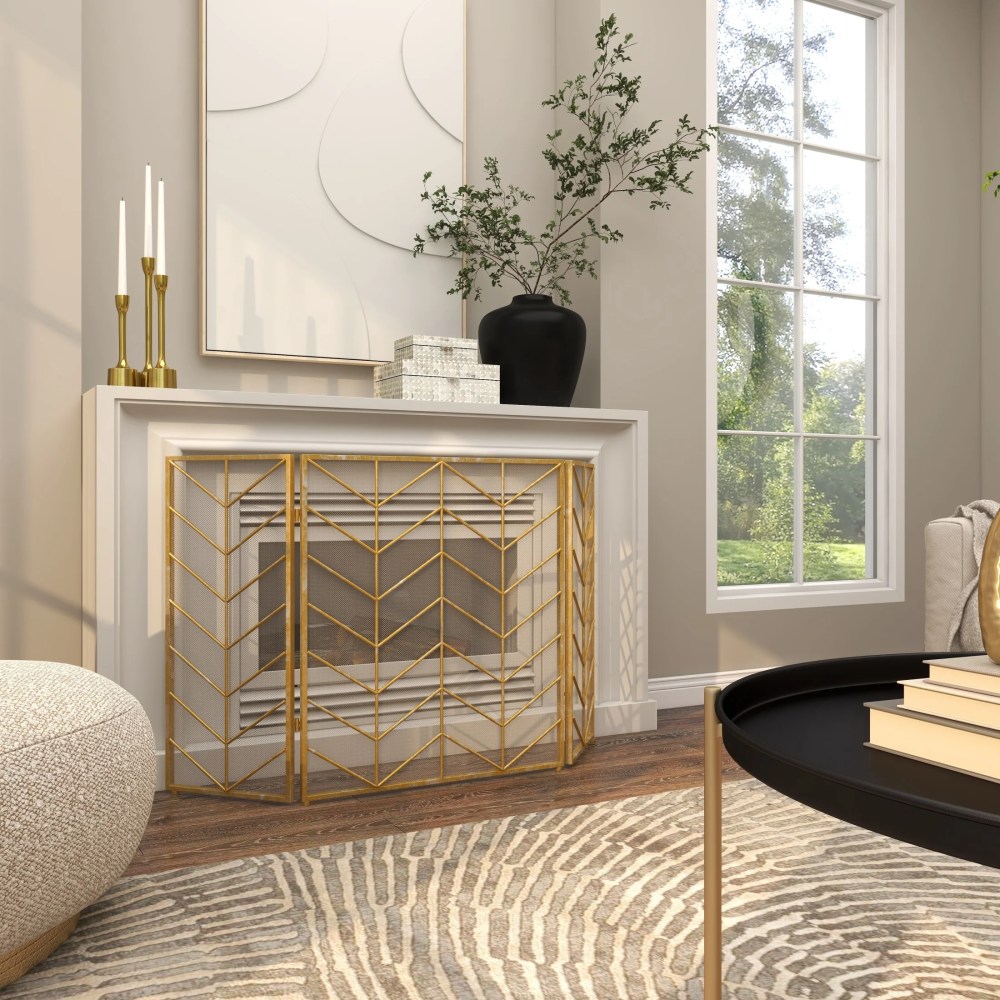 DecMode Gold Modern Metal Zigzag Pattern Fireplace Screen, 52"W x 31"H - Image 2