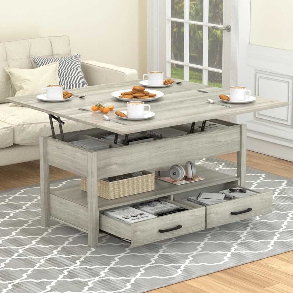 SNYNUXX Lift Top Coffee Table,3-in-1 Multifunctional Coffee Table with Drawers and Hidden Compartments,Coffee Table Converts to Dining Table,for Living Room,Dining Reception Room,Gray