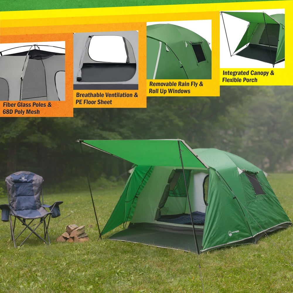 Wakeman Outdoors 4 Person Camping Tent with Attached Porch Canopy, Green - Image 2