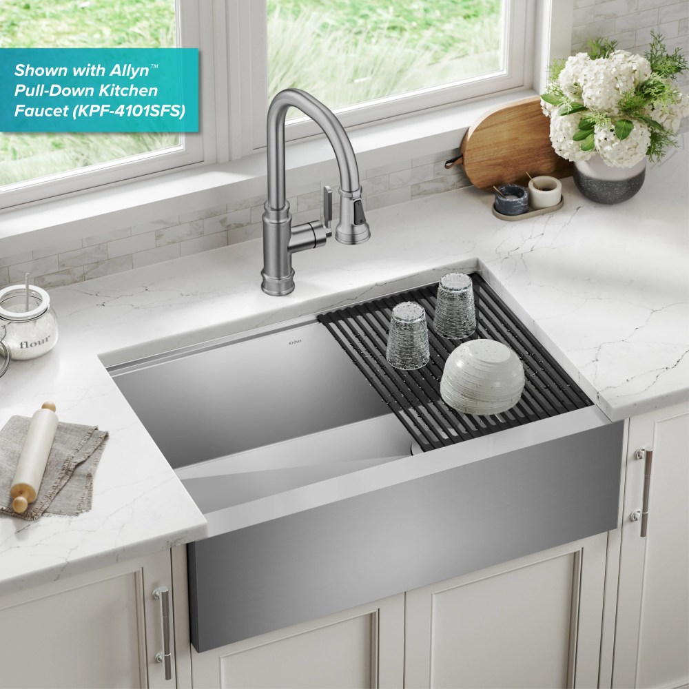 KRAUS Kore Workstation 30-inch Farmhouse Flat Apron Front 16 Gauge Single Bowl Stainless Steel Kitchen Sink with Accessories (Pack of 5) - Image 5