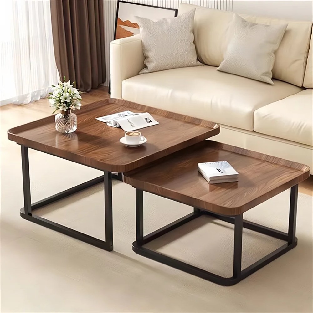 Wisfor Square Nesting Coffee Table Set of 2 Walnut Side End Table for Living Room,23.6x17.7 inch