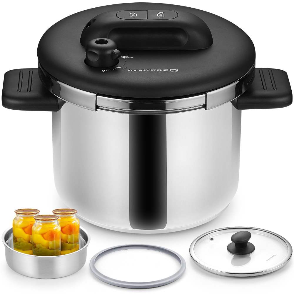 Koch Systeme CS Pressure Cooker Stainless Steel,6.3 QT Olla de Presion,Easy One-Press Lock,3 PSI Settings Pressure Cooker,Save 70 Time,Gas & Induction Compatible,Glass Lid & Steamer Rack