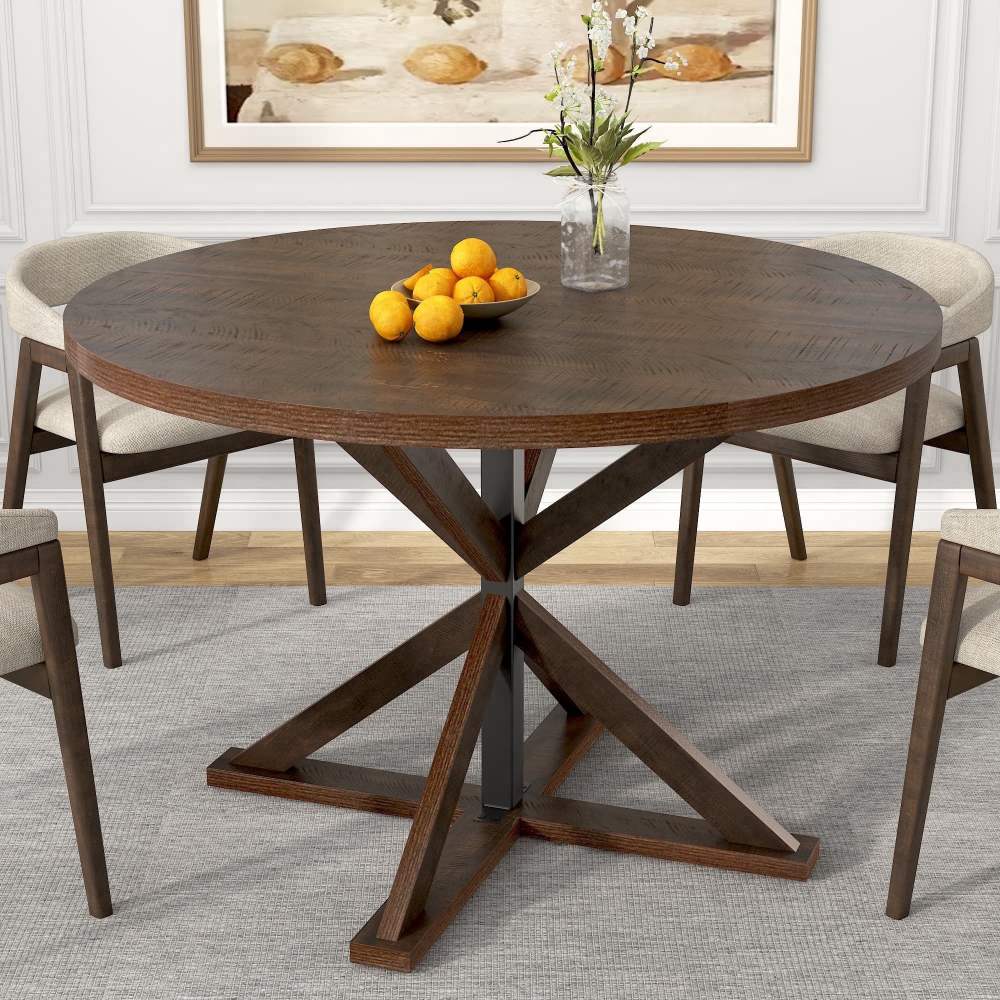 47" Round Dining Table for 4 to 6 People,Modern Farmhouse Kitchen Table with Thickened Waterproof Top,Sturdy X-Base Pedestal Table for Small Spaces,Dining Room,Rustic Brown
