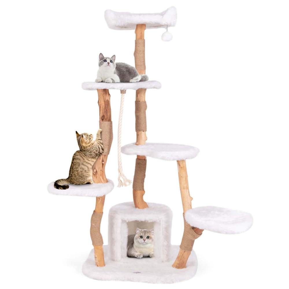 Costway 66" Tall Solid Wood Cat Tree with Perch Condo Jute Scratching Posts Sisal Rope