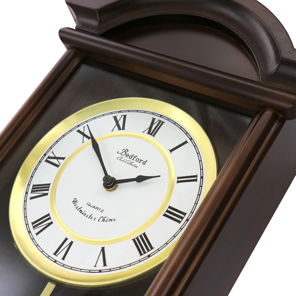 Bedford Clock Collection George 22 inch Chestnut Brown Wood Chiming Vintage Pendulum Wall Clock - Image 2