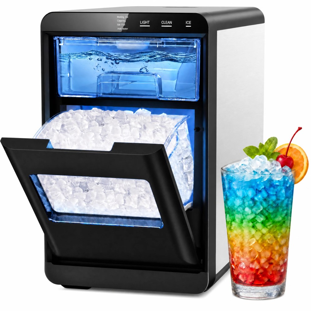 Snowyermine Countertop Nugget Ice Maker,44 lbs/Day,Self-Cleaning Ice Machine for Chewable Pebble Ice with Touch Controls,Black