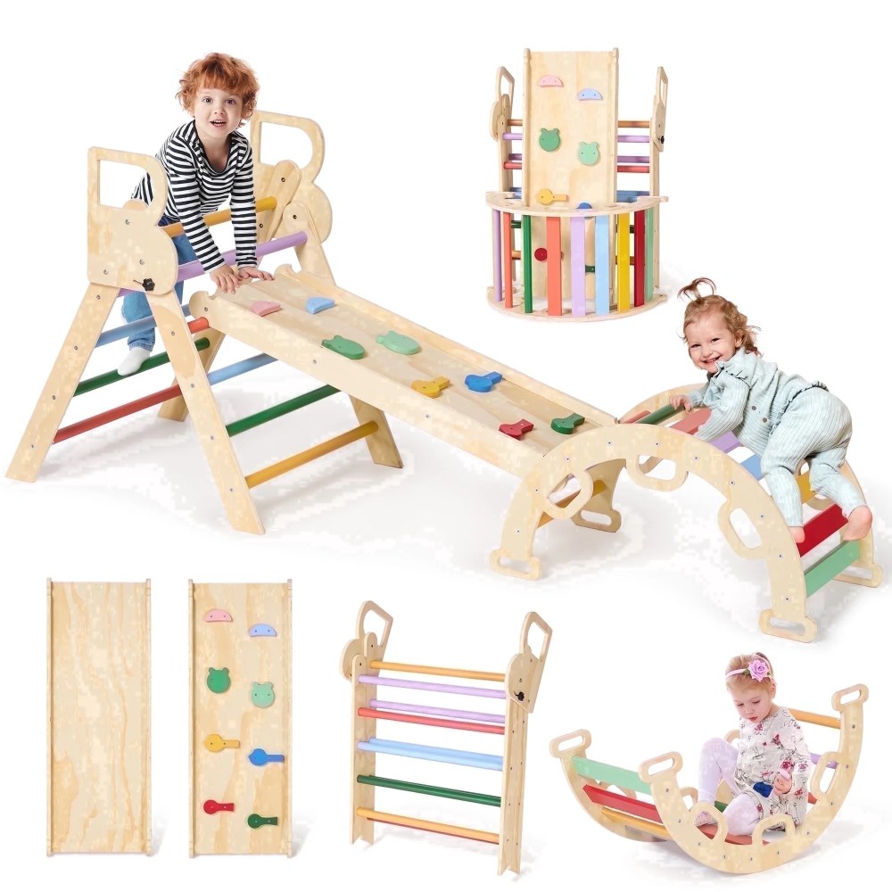 Naipo Pikler Triangle Set, Climbing Frame 8 in 1 Toddler, Wooden Climbing Indoor Kids Playground, Jungle Gym Play Set for Toddler, Baby, 3-Piece Rainbow