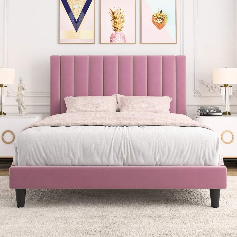 Allewie Queen Size Velvet Upholstered Bed Frame with Vertical Channel Tufted Headboard,Pink