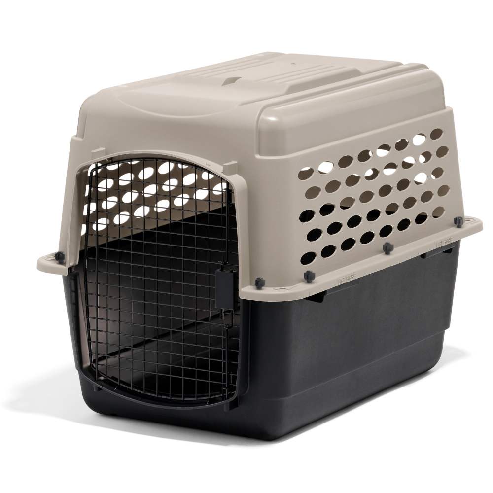 Petmate Vari Medium Plastic Portable Dog Kennel Airline Friendly Pet Carrier, 32" for Pets 30-50 lb, Taupe/Black