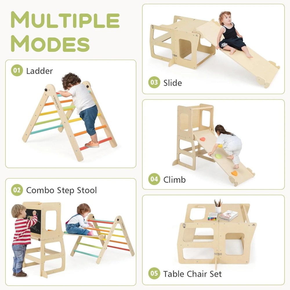 OLAKIDS Climbing Toys for Toddlers, 8 in 1 Foldable Wood Pikler Montessori Jungle Gym with Toddler Tower Angle Adjustable Ladder Ramp Slide, Indoor Kids Playground Climber Triangle Set (Colorful) - Image 6