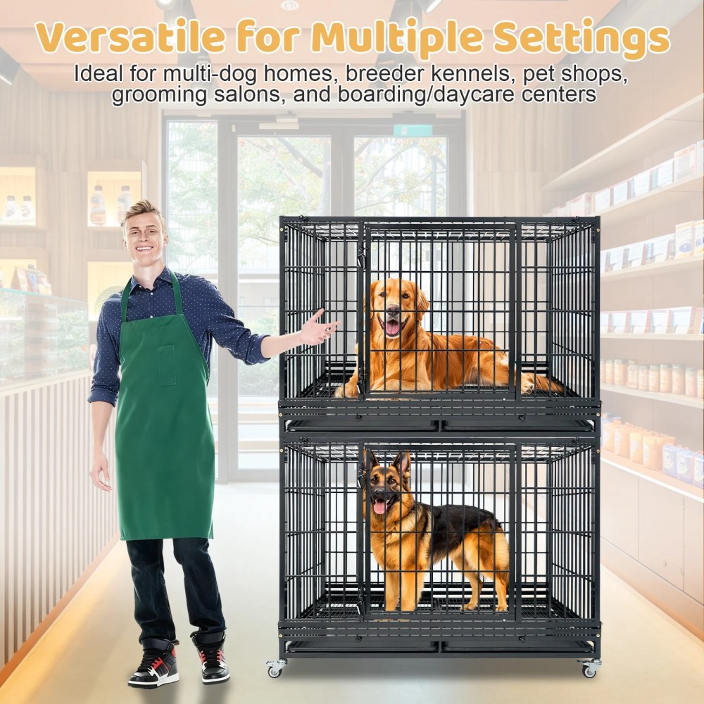 Homey Pet 47 Inch Stackable Heavy Duty Dog Crate, Indestructible Escape Proof Cage for High Anxiety Large Dogs, XL Dog Kennel Indoor with Auto Locks, No-Noise Grid, Dual Trays, 360'Wheels, Top Acces - Image 4