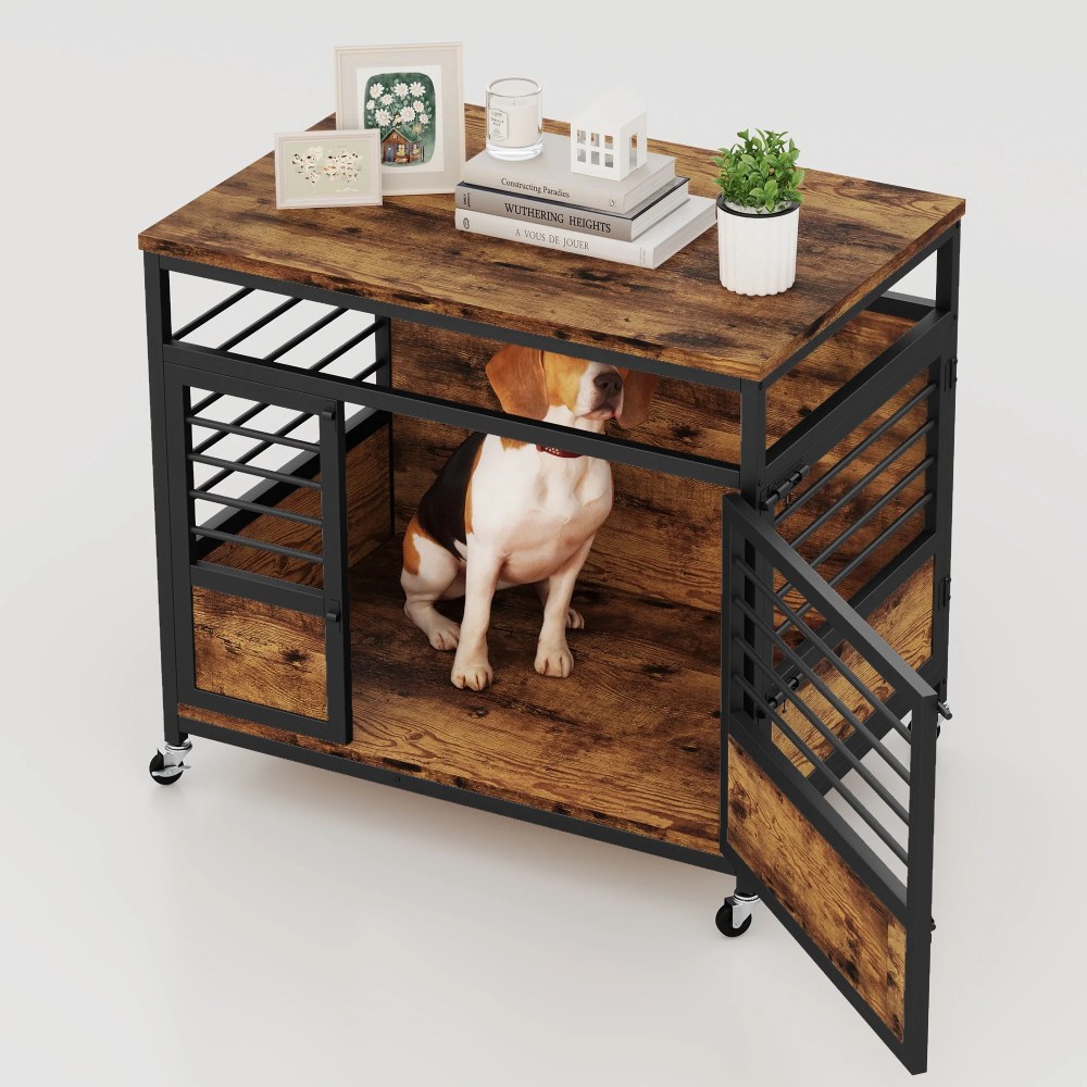 Craftian 32 Inch Dog Crate Furniture,  Dog Kennel Indoor with Wheels and Removable Tray, End Table Dog Crate - Rustic Brown & Black