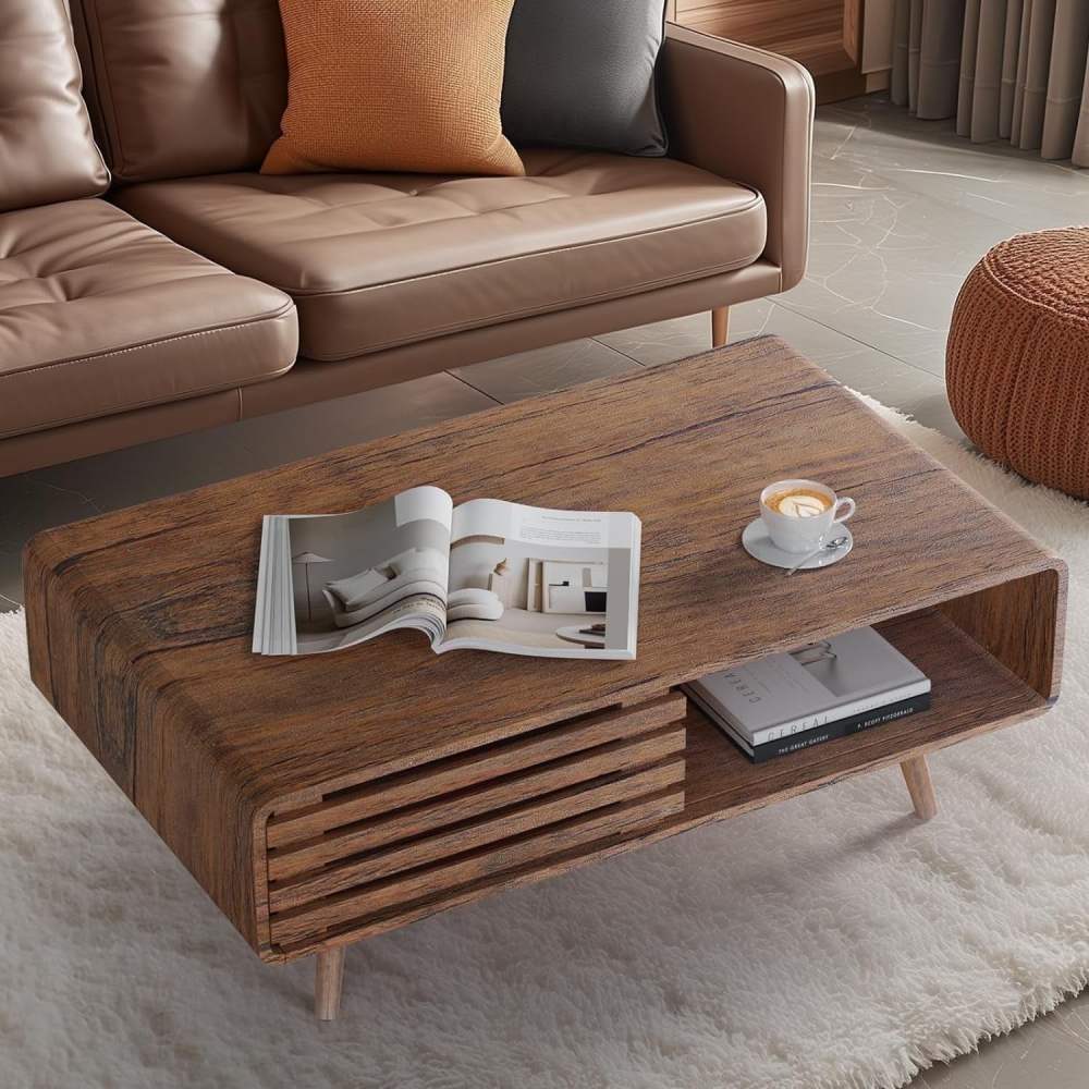 Woodty Farmhouse Wooden Storage Coffee Table,Hidden Compartment & Easy Assembly,Living Room & Home Office,Natural Finish