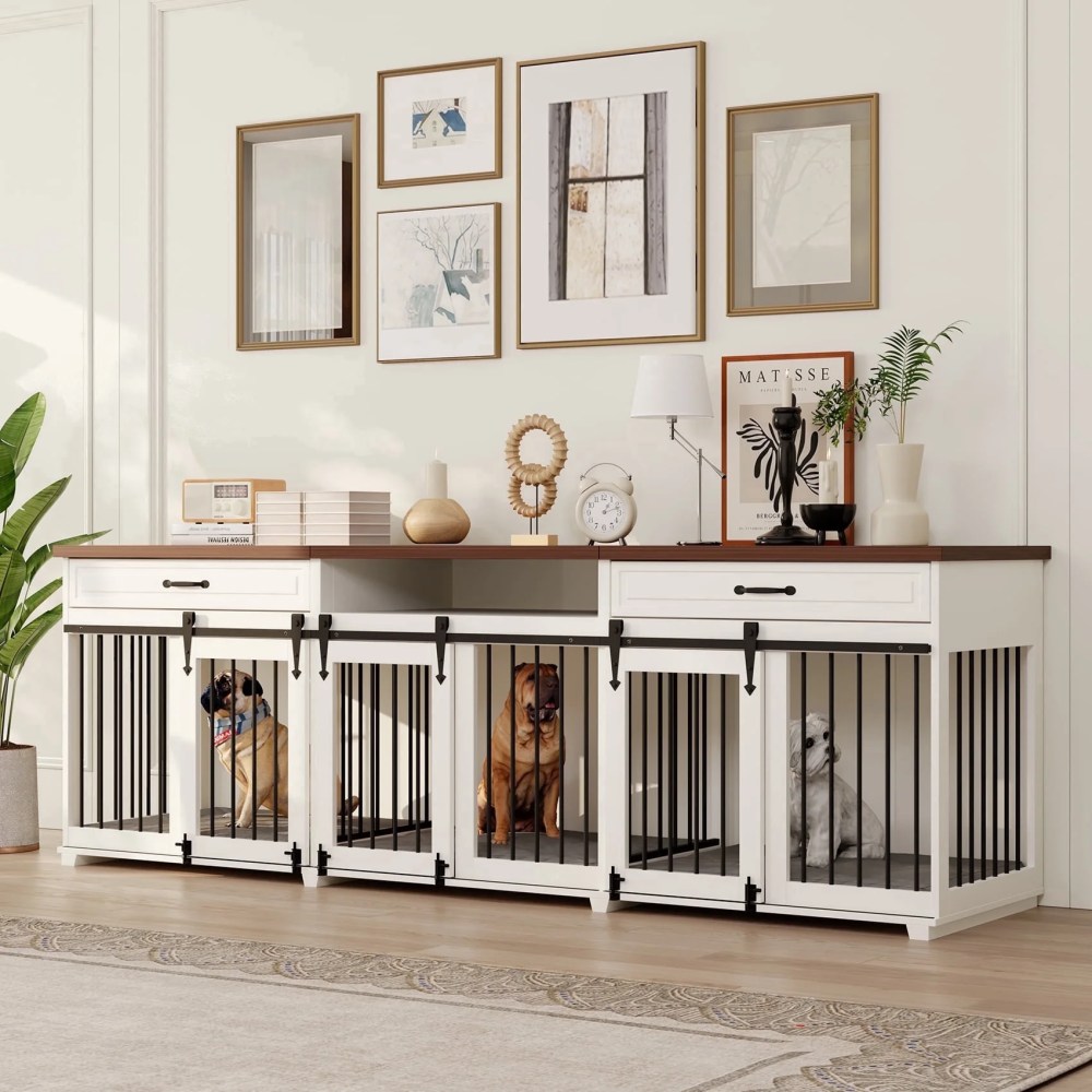 Dog Crate Furniture - Indoor Wooden Farmhouse Large Dog Kennel Fureniture for 3 Dogs,  with Sliding Barn Doors,  2 Drawers & 1 Shelf,  95" Lx23.6 Wx31.5 H,  White
