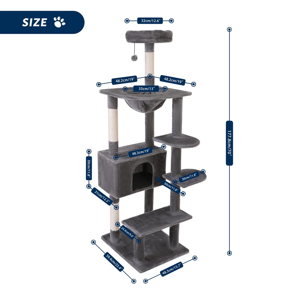Vibrant Life 70" Cat Tree for Indoor Cat, Multi-Level Cat Tower with Scratching Posts, Gray - Image 12