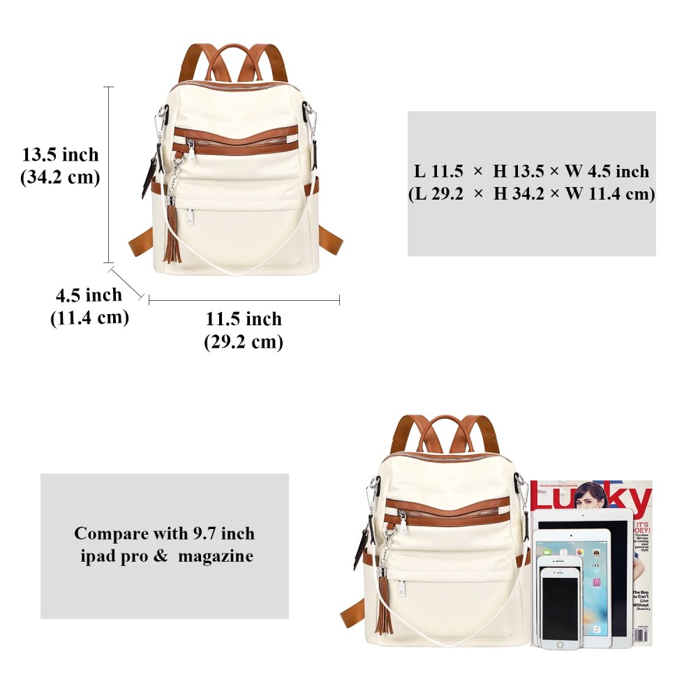 ALTOSY Genuine Leather Backpack Purse Elegant Convertible Shoulder Bag for Women S108 Beige/Brown - Image 2