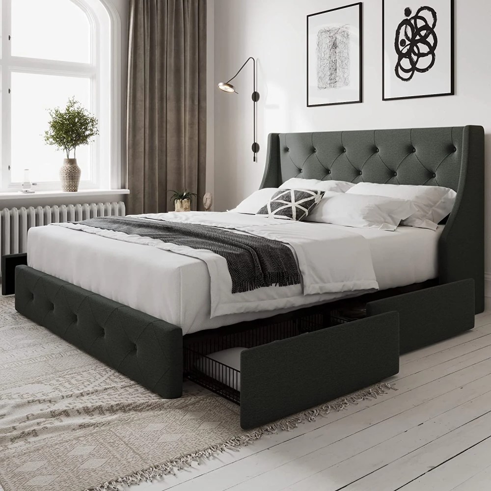 Allewie Queen Size Bed Frame with 4 Storage Drawers and Button Tufted & Wingback Headboard,Dark Grey