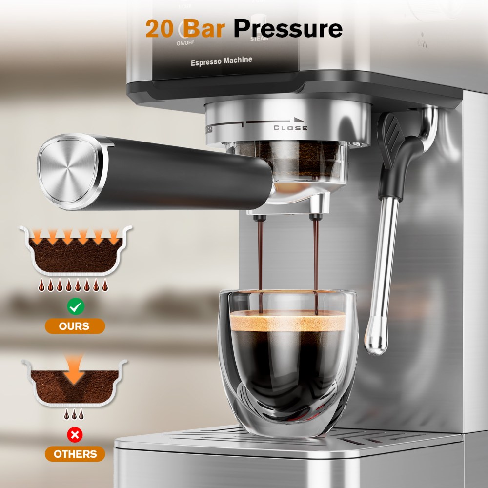 Auseo 20 Bar Coffee Maker with Color Touchscreen,Espresso Machine with Milk Frother Steam Wand,1.4L Removable Water Tank,Capsules Compatible & Ground Coffee,Silver. - Image 6