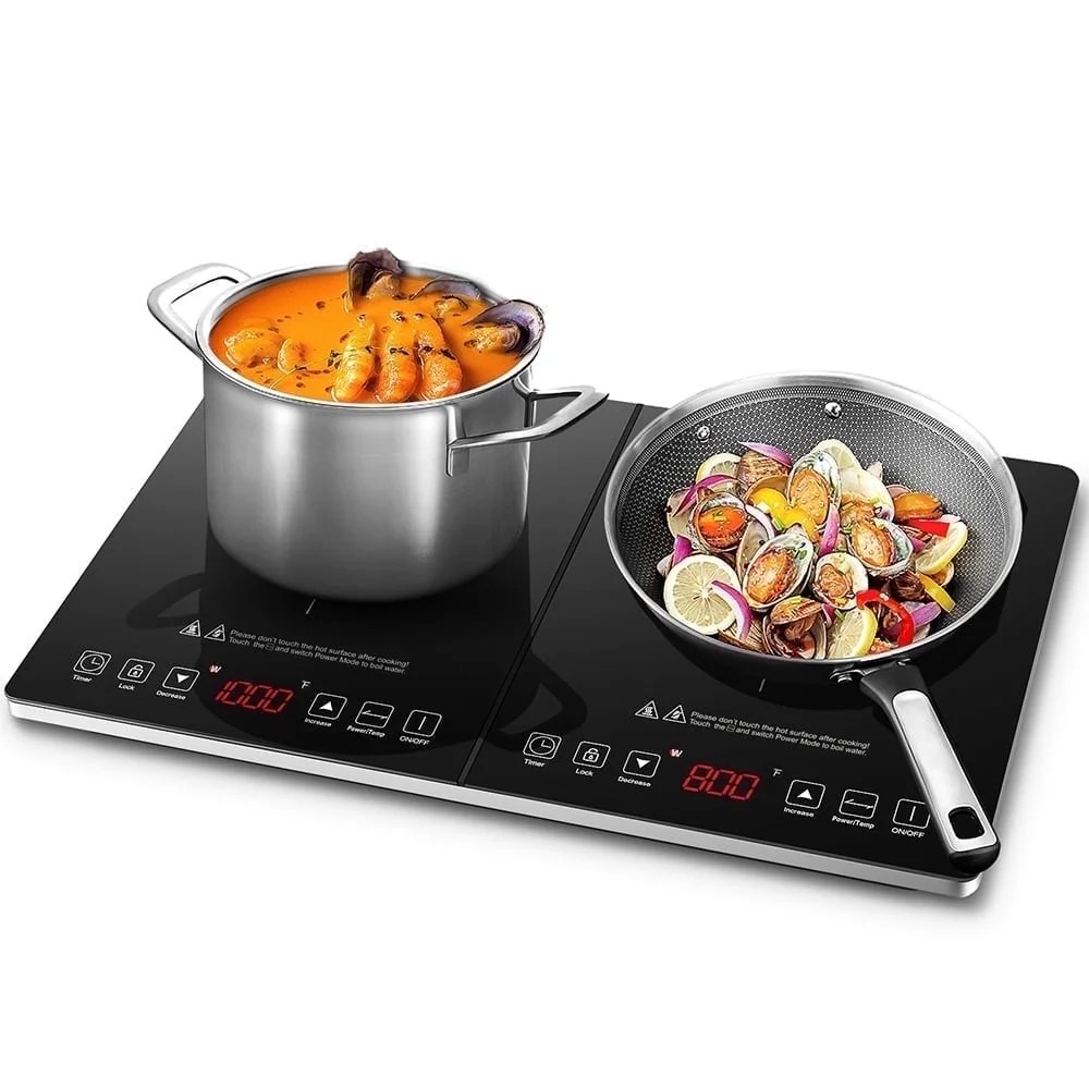 Aaobosi 1800W Double Induction Cooktop Low Noise with Independent Control 2 Burners,10 Temperature,9 Power Levels,3-hour Timer & Child Safety Lock