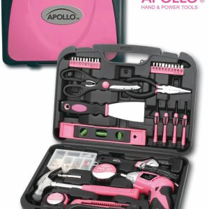 Apollo Tools 135 Piece Household Tool Kit Pink with Pivoting Dual-Angle 3.6 Volt Lithium-Ion Cordless Screwdriver - DT0773N1