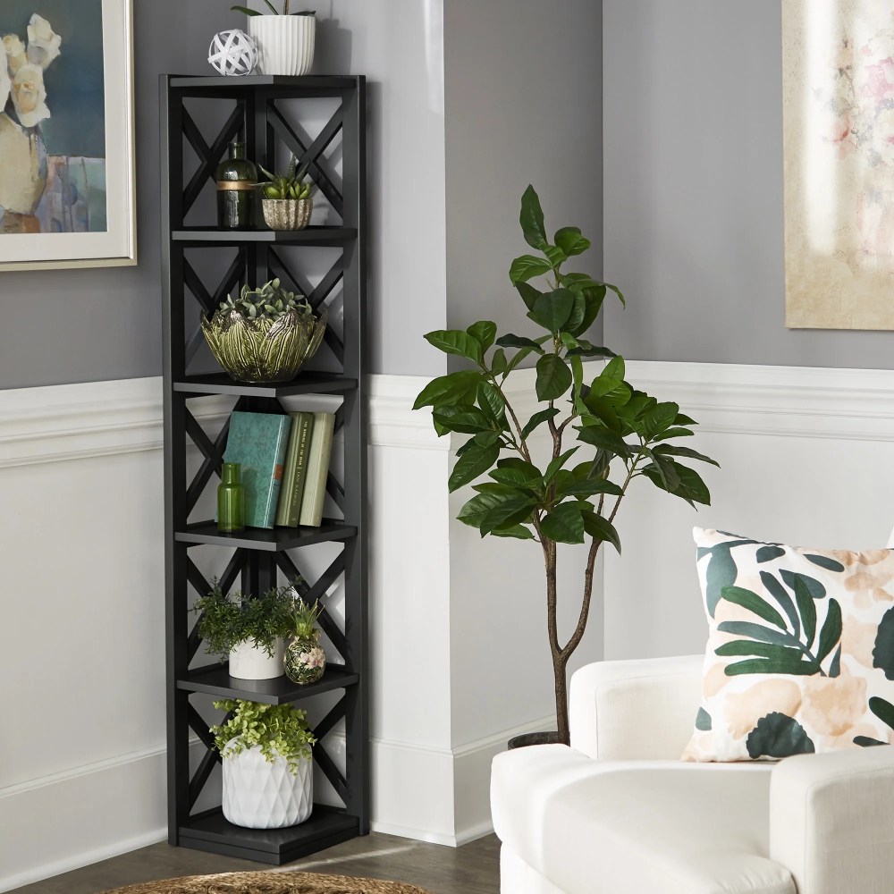 Weston Home Rebecca Wood 5-Shelf Corner Bookcase,Black