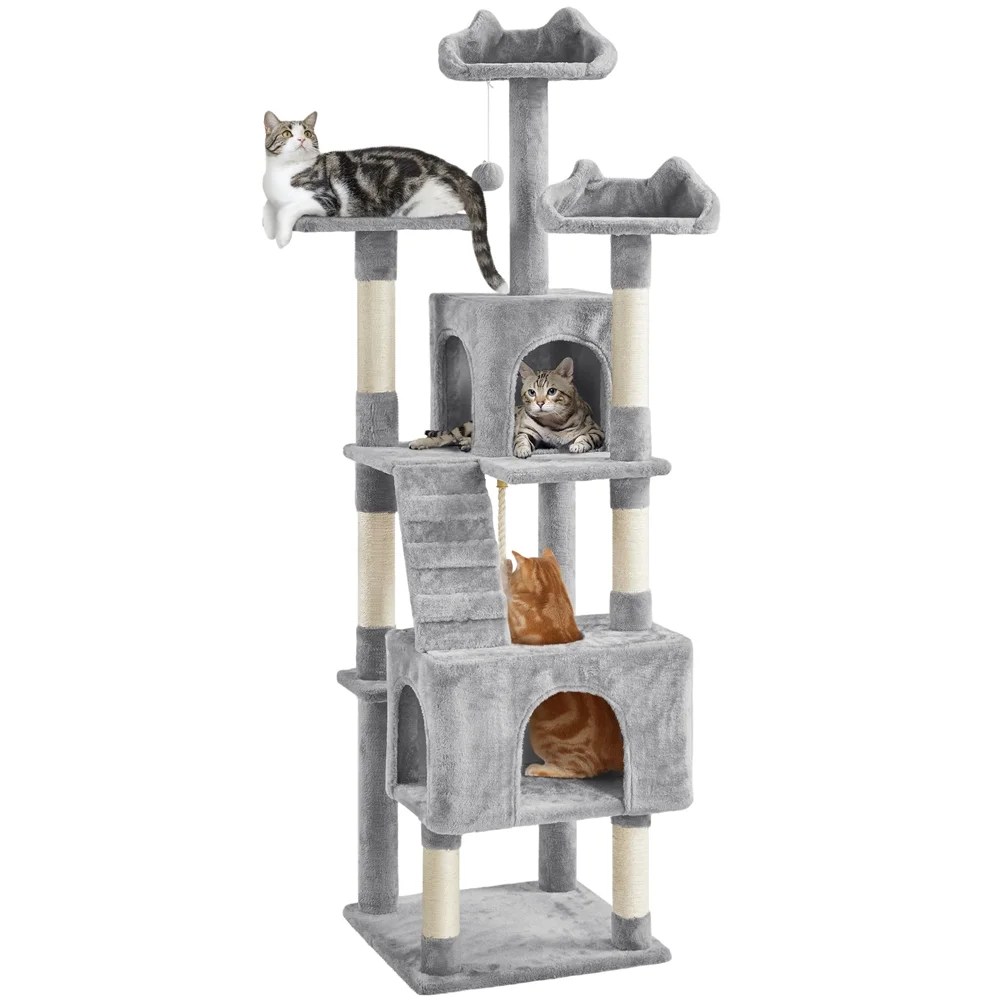Alden Design 72" H Multi-Level Large Cat Tree with 2 Cozy Perches for Medium Cats, Light Gray